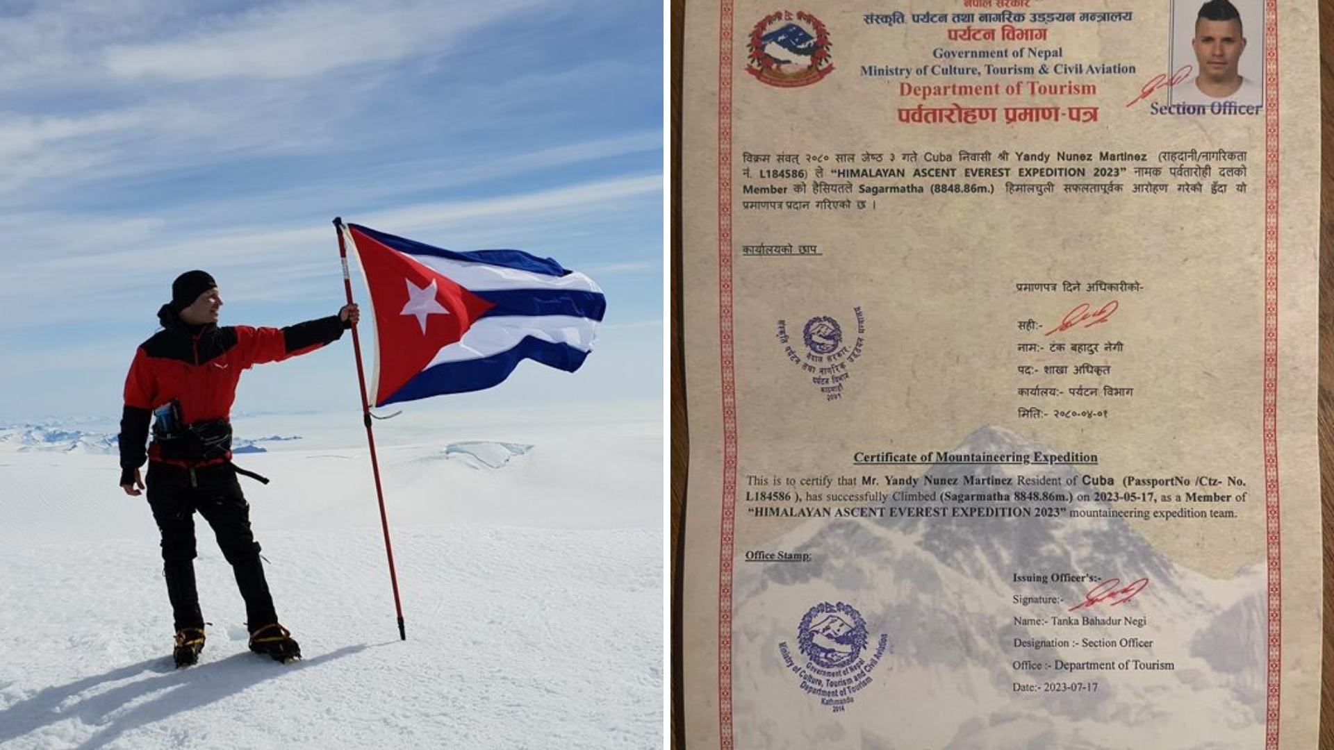 Alpinista cubano Yandy Núñez recibe certificado por escalar el Everest