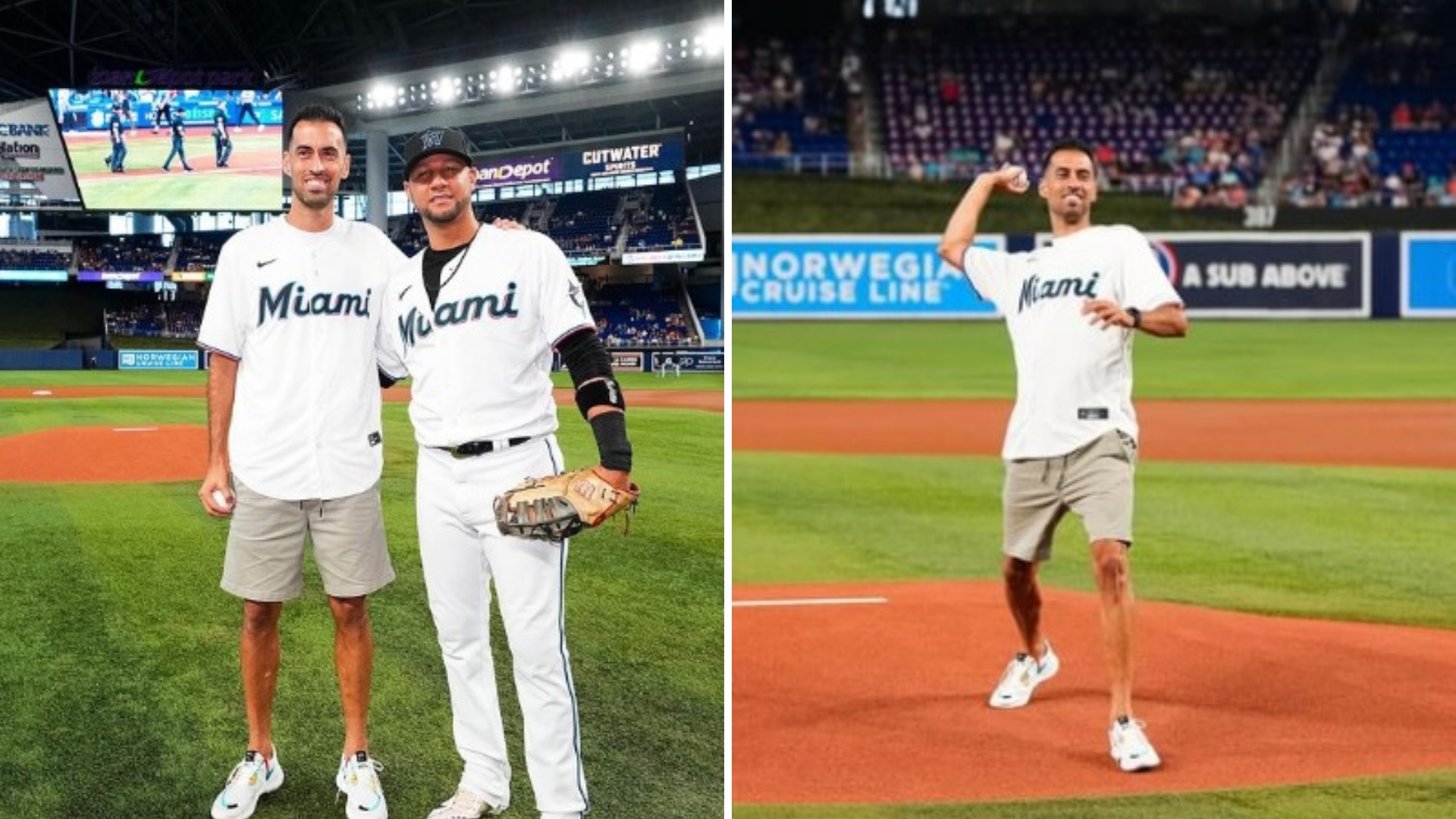 Cubano Yuli Gurriel recibe “la primera bola” del futbolista Busquets en partido de los Marlins de Miami 