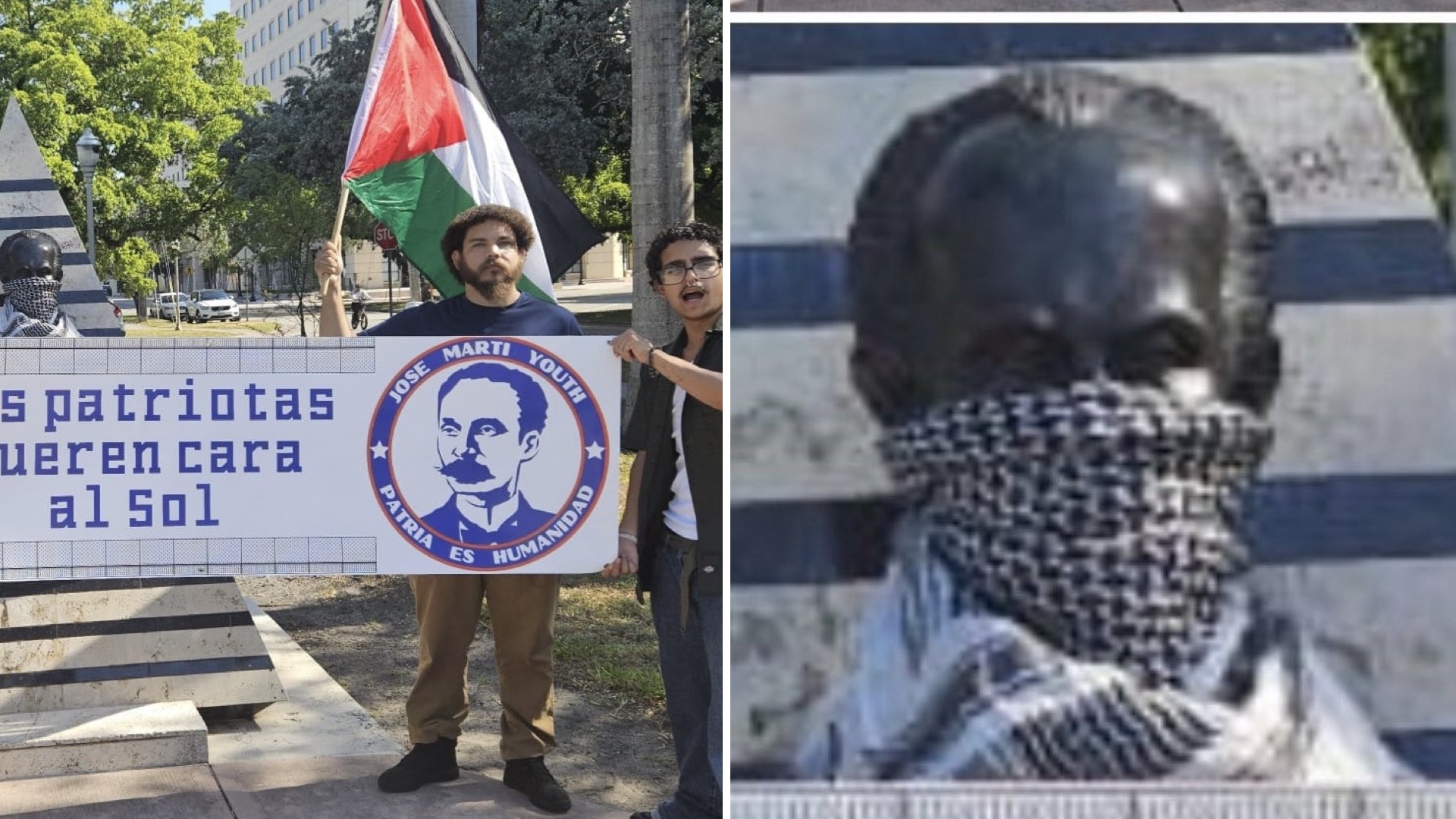 Exiliados cubanos y grupo pro-Palestina se enfrentan por profanación de busto de Martí
