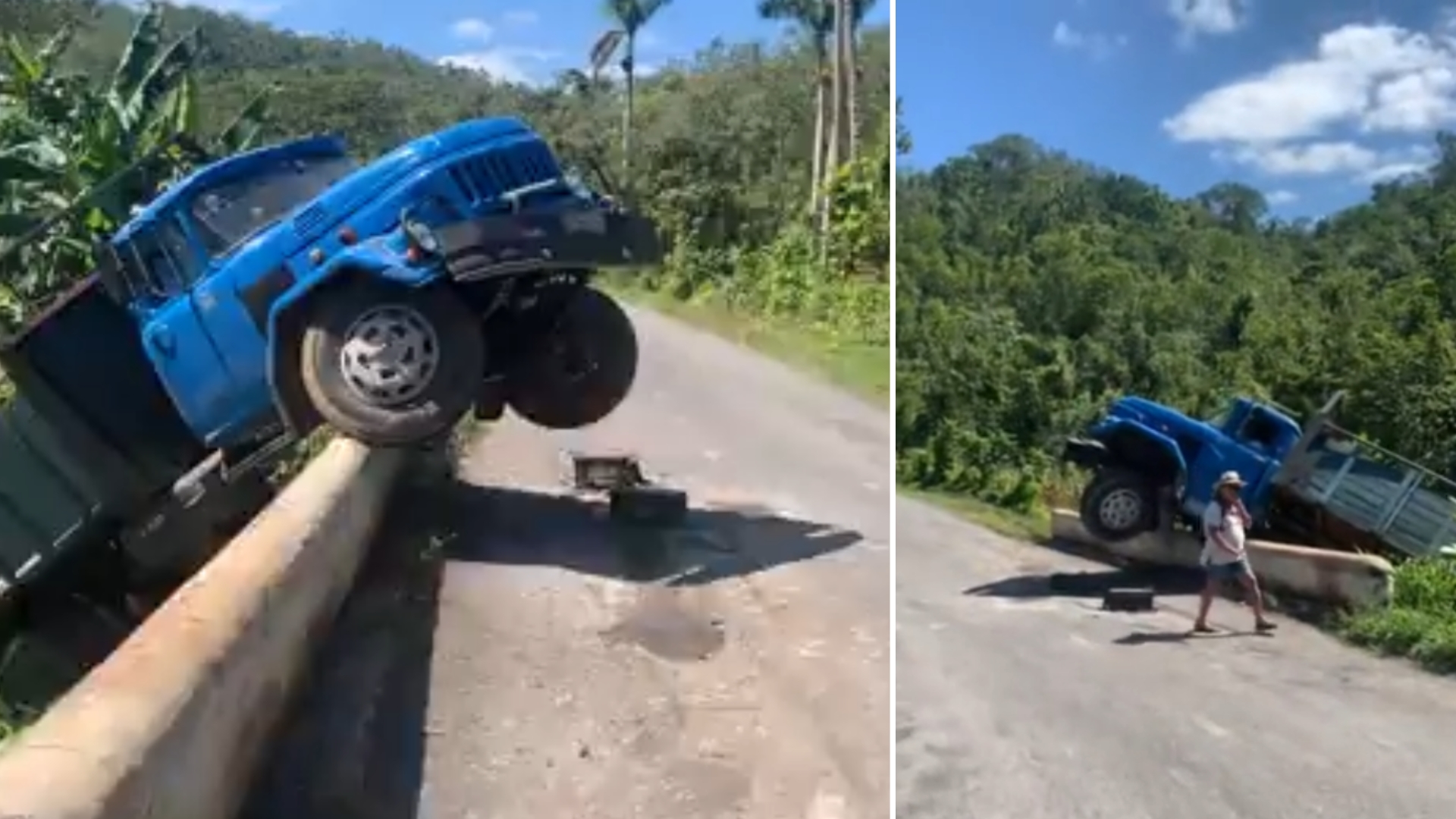 “Insólito”: camión queda colgado en puente de Pinar del Río