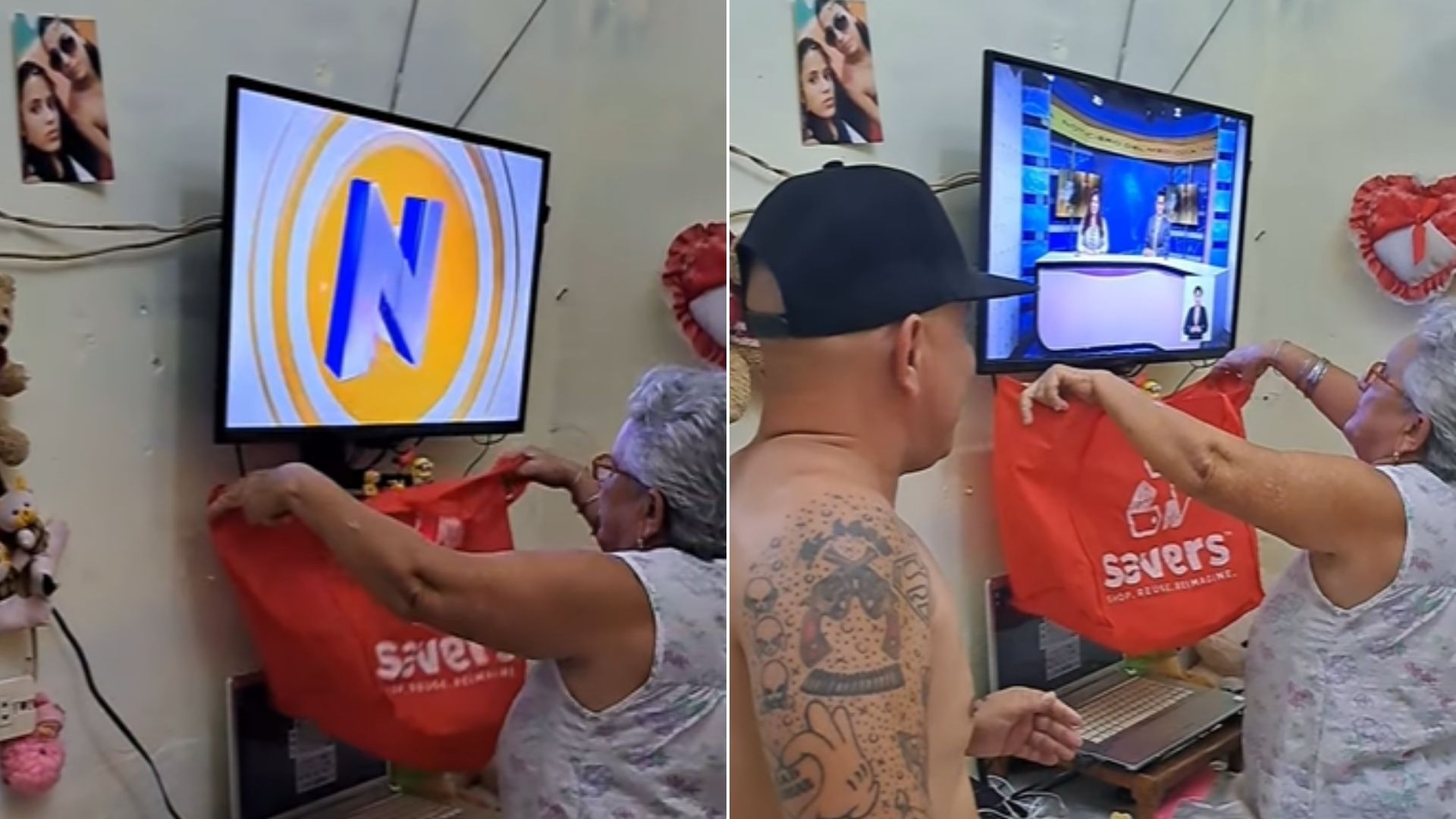 Madre cubana coloca una bolsa debajo del televisor para llenarla con la comida que mencionan en el NTV