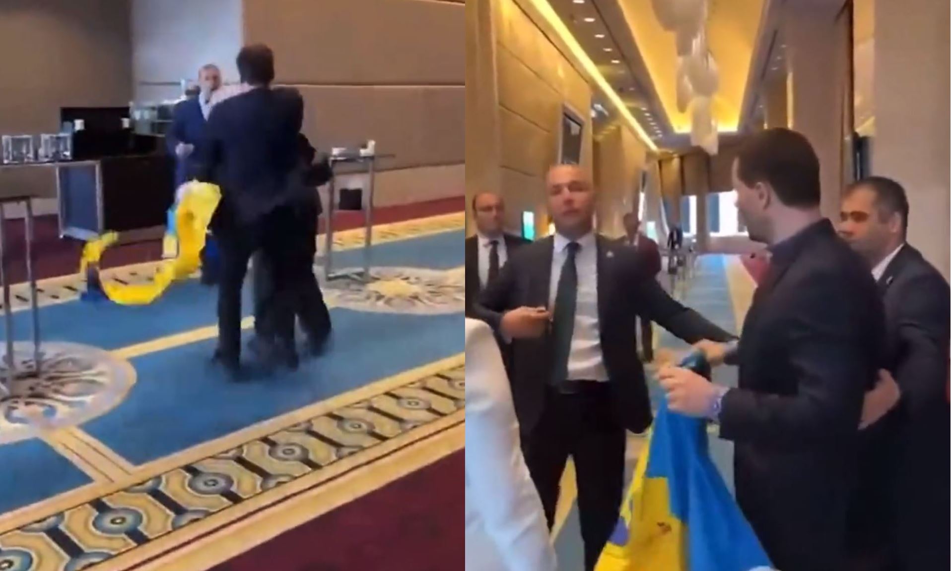 VIDEO: Delegado ruso le arrebata una bandera a un ucraniano en evento diplomático y estalló una pelea 