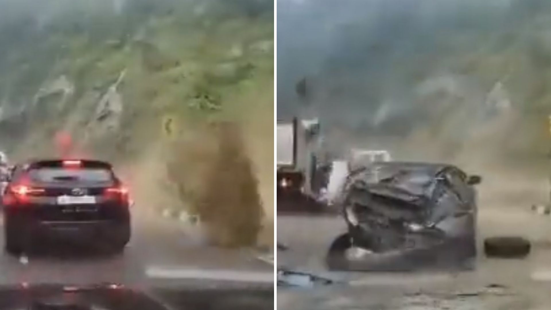 VIDEO: Impactante momento en que una roca gigante aplasta 2 autos y deja 2 muertos 