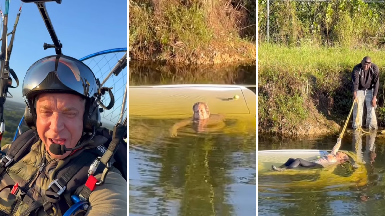 VIDEO: Parapentista de Florida salva a mujer que cayó en canal lleno de caimanes