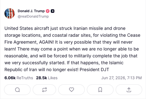 President Donald Trump announced new U.S. airstrikes against missile, drone and radar sites linked to the Islamic Republic, warning that the regime “will no longer exist” if ceasefire violations continue.