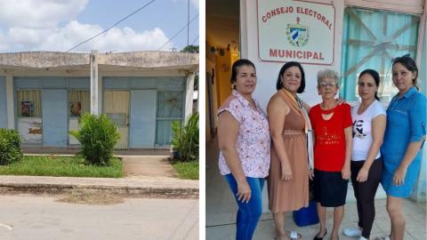 Exterior del Consejo Electoral Municipal (CEM) de Mantua, Pinar del Río. En la imagen de la derecha, Alina Bárbara, presidenta del CEM, junto a la secretaria de la institución. En los extremos, residentes de Mantua cuyas identidades no han podido ser confirmadas.
