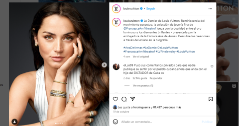 Decenas de mensajes en las páginas de altas firmas atacan a Ana de Armas