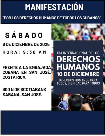 La protesta tendrá lugar el próximo sábado frente a la embajada castrista en San José.